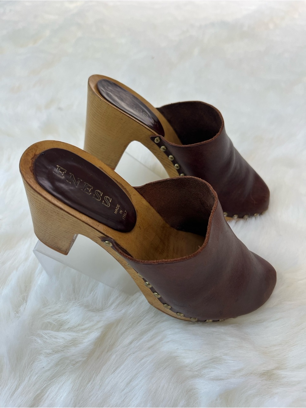 Made in Italy women’s Leather Wood-Platform Clog Mules Sandel Heels
